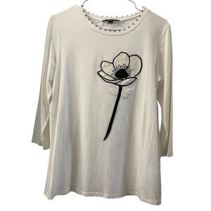 Weekend Max Mara Womens White 34 Sleeve Beaded Neckline Flower Applique Top